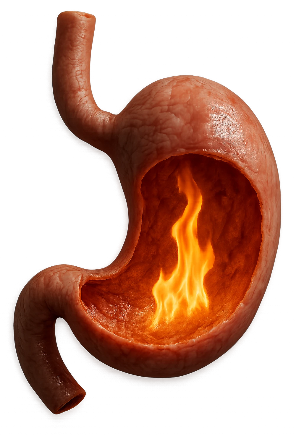 stomaco umano anatomico  con fiamma che brucia all'interno, iperrealistico 4k emoji