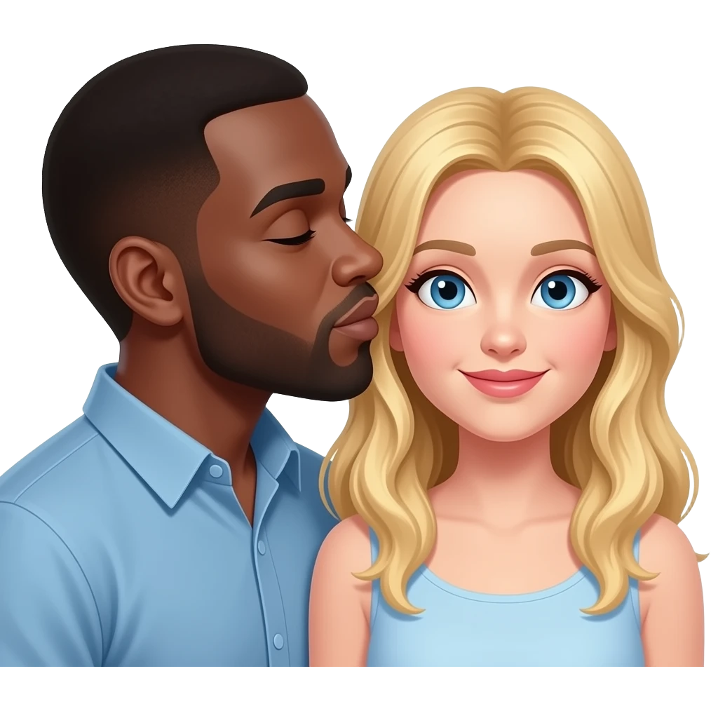 African man kissing Caucasian woman with blonde hair and blue eyes emoji