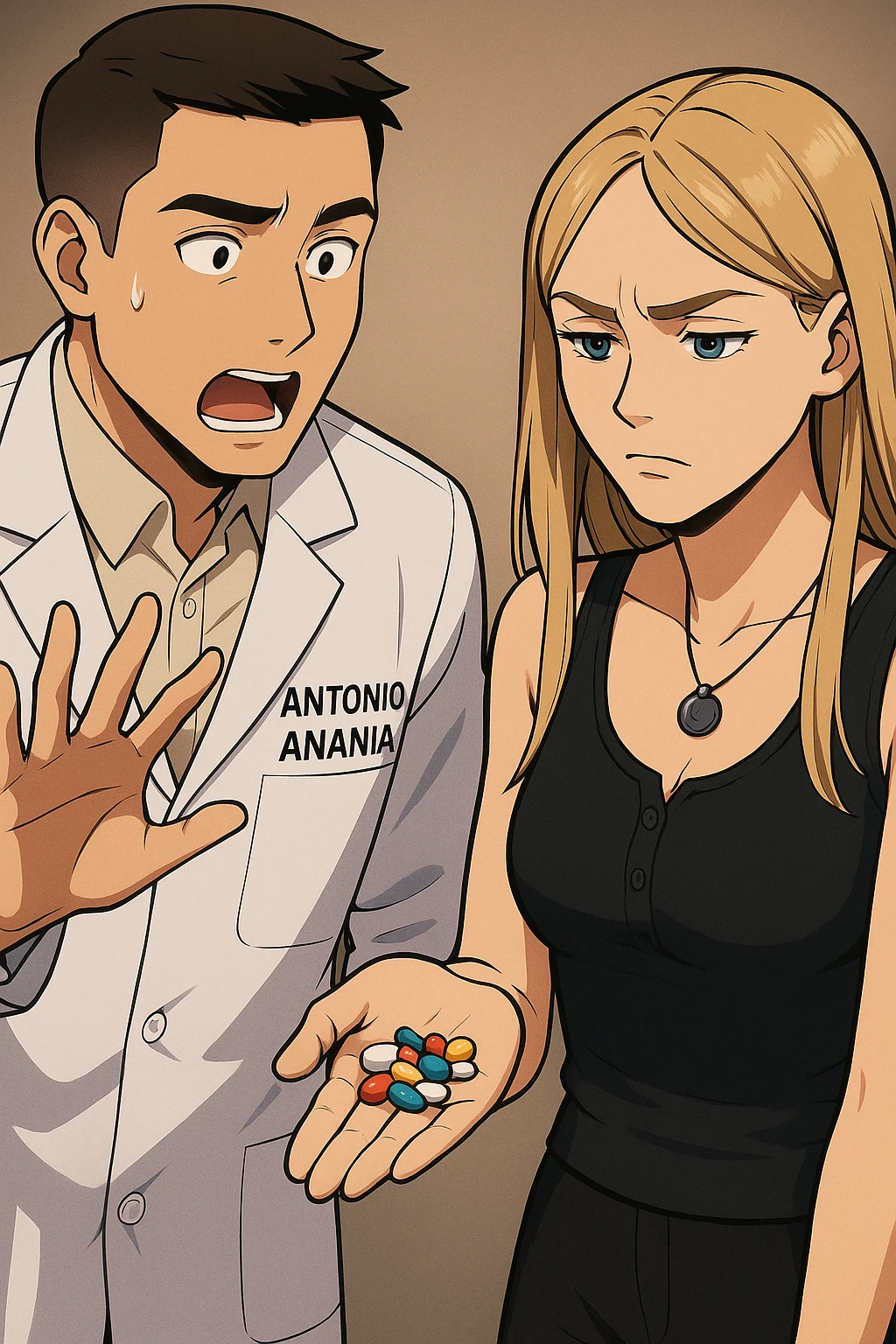 fai un webtoon/manga a colori con questo kinesiologo in camice bianco (fagli la scritta "ANTONIO ANANIA" SUL CAMICE) CHE PARLA CON QUESTA RAGAZZA. LA RAGAZZA HA UN PUGNO DI INTEGRATORI IN MANO (TANTE PILLOLE DIVERSE) E LE GUARDA DUBBIOSA. IL KINESIOLOGO CON IL CAMICE BIANCO LE DOMANDA UNA COSA SCIOCCATO. NON FARE I FUMETTI, FAI SOLO LORO COME SE DIALOGASSERO emoji