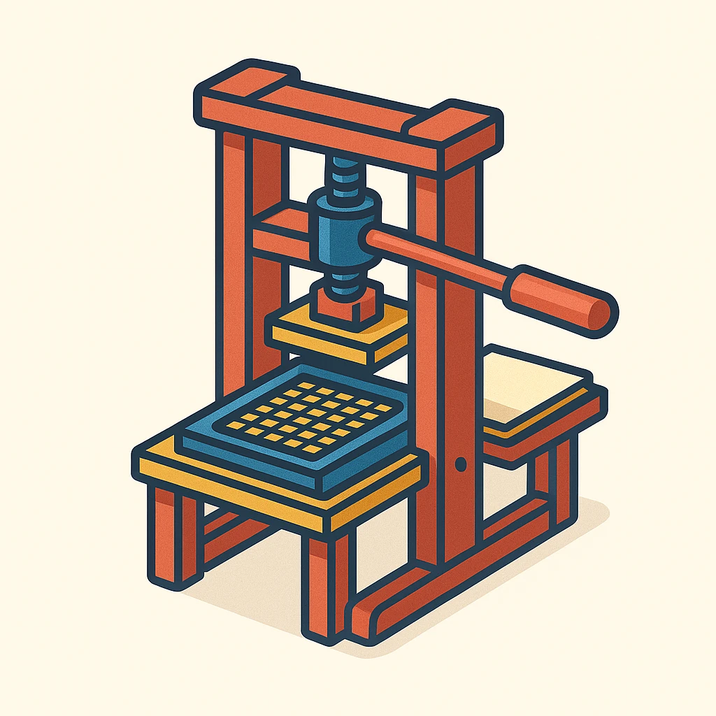 Gutenberg's printing press, isometric view, showing movable type, classic style, no text emoji