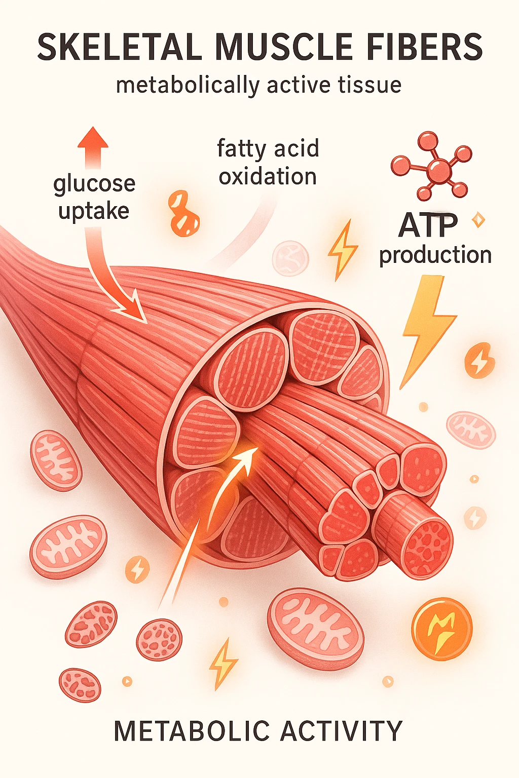 a highly detailed cross-section of human skeletal muscle fibers, shown in vibrant red and pink tones, with visible striations and realistic texture. Glowing arrows and animated icons represent active metabolic processes—such as glucose uptake, fat oxidation, and ATP production—occurring within the muscle tissue. Surrounding the muscle, floating symbols for mitochondria and energy highlight its metabolic activity. The background is clean and clinical, with subtle labels and infographics explaining that muscle is a metabolically active tissue. The overall style is modern, scientific, and visually engaging, suitable for educational or medical use. in italiano emoji