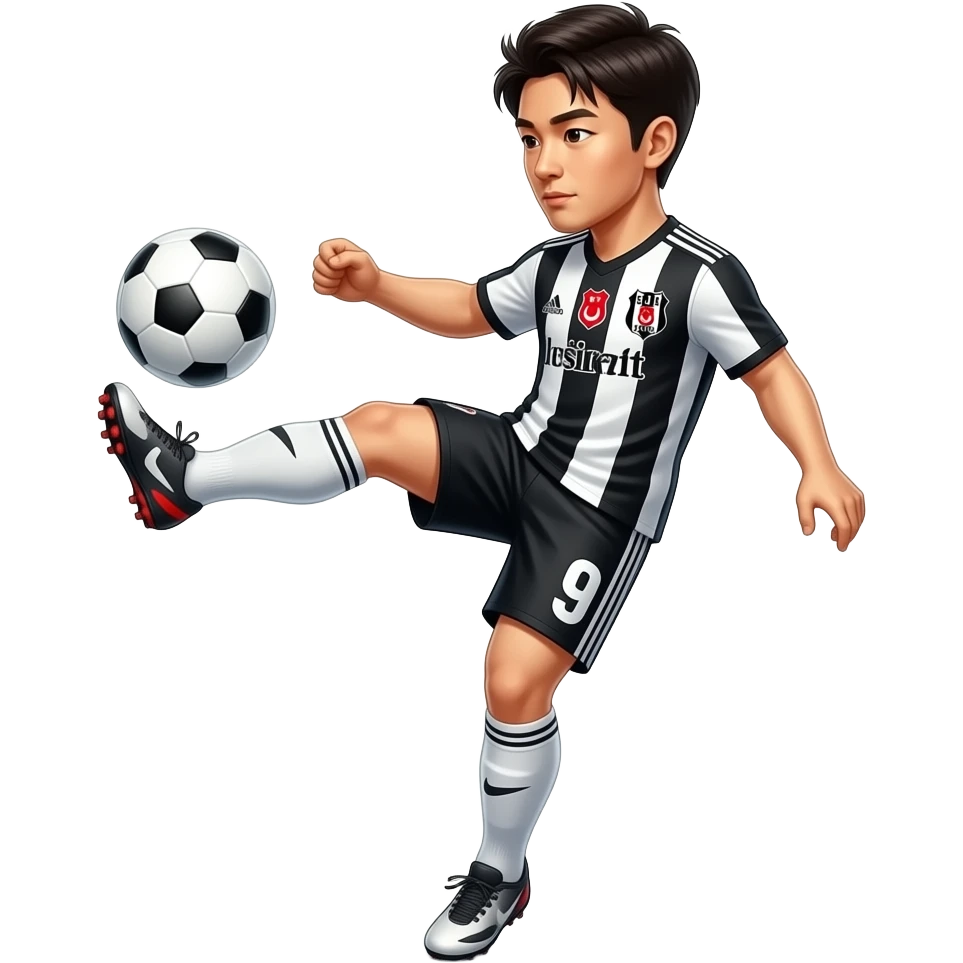 Oh hyeon gyu (football player in Beşiktaş Jimnastik Kulübü) make him when he making a bicycle kick (he will jump and turn and he will shoot with his leg when he was jumping (don’t put him on a real bicycle)and the number of his kit is 9 do the logo correctly emoji