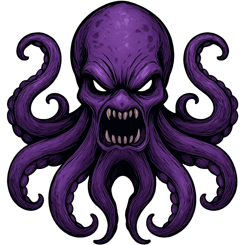 Remove the nose, make the octopus look scary, keep the purple color, with no background. Maintain the original style and details of the octopus while making it look scary and purple. emoji