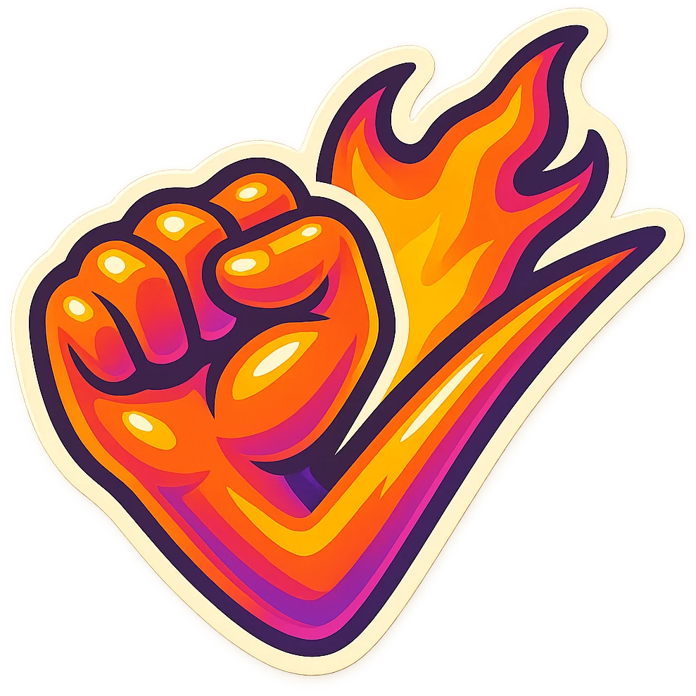 horizontal flaming fist, emoji, gradient : #FF7A1A, #FF3CAB, #9D34FF, sticker border white, matching reference file emoji