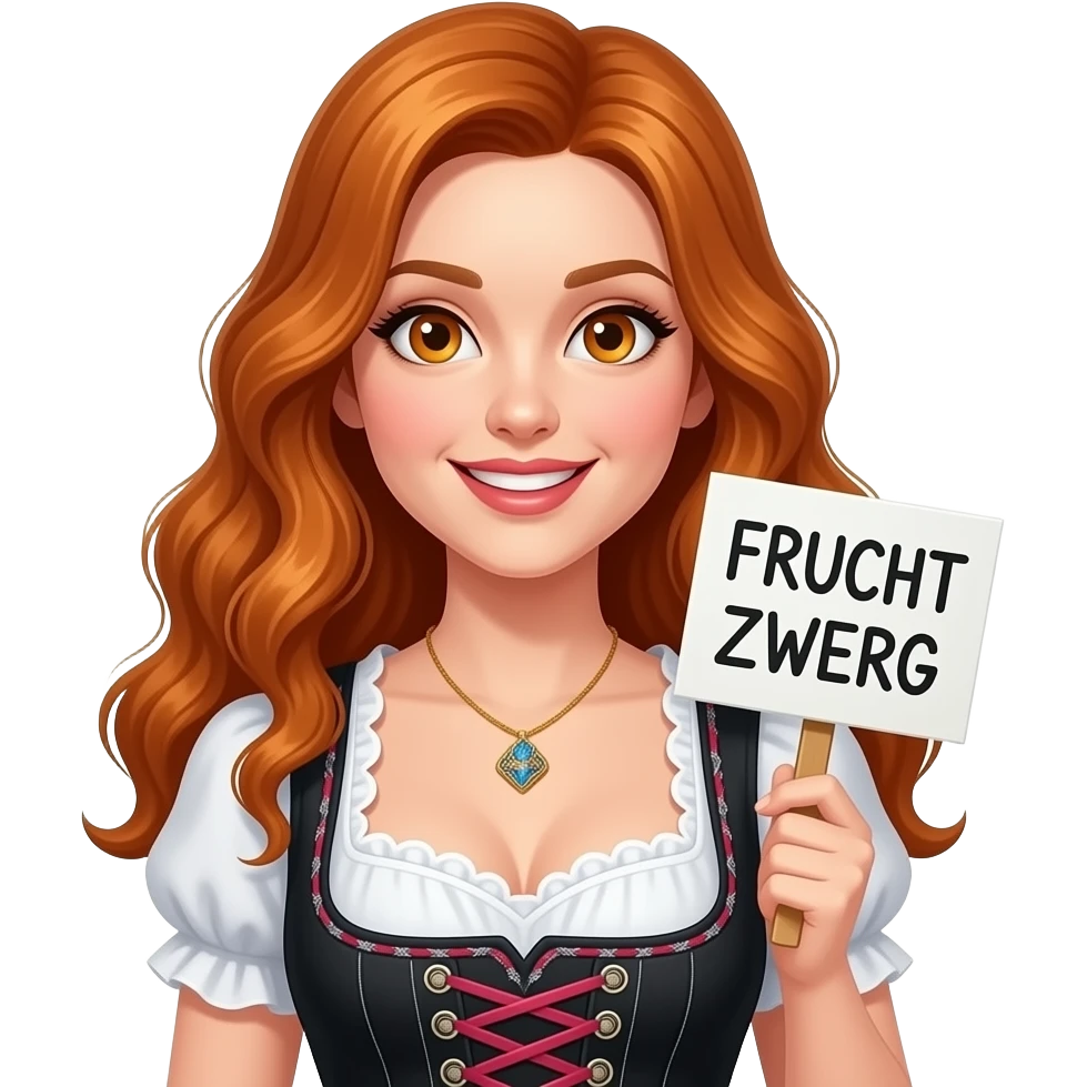 sexy girl with overlong ginger hair and ginger eyes wearing a dirndl holding FRUCHT ZWERG sign emoji
