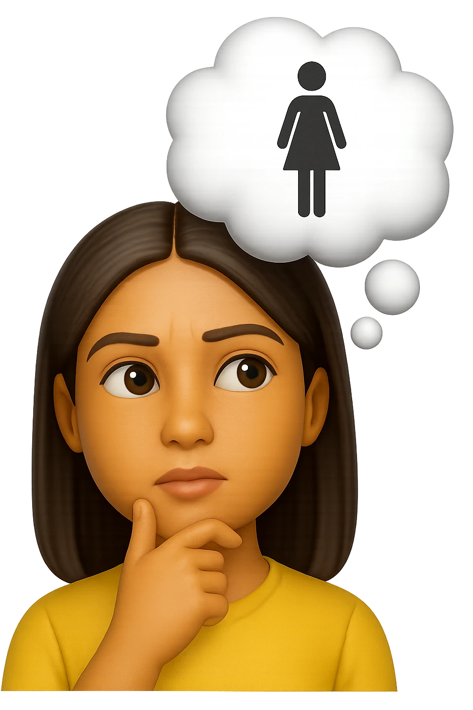 emoji stile iphone di una donna con nuvoletta di pensiero con all'interno la toilet per donne, iperrealistico 4k emoji