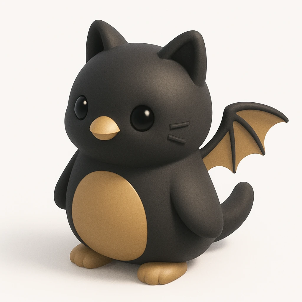 black penguin-cat creature with dragon wings, cute and whimsical emoji