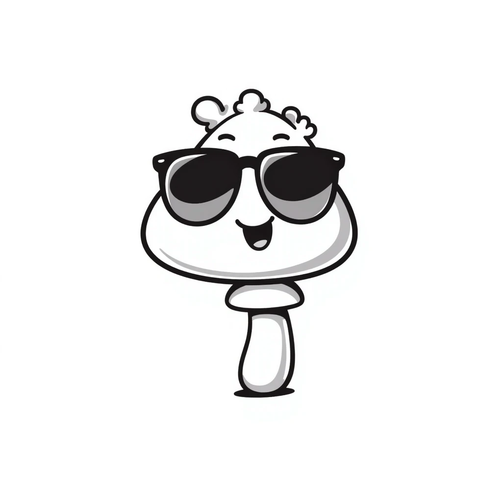 mushroom with sunglasses and a smile, hand drawn doodle style emoji