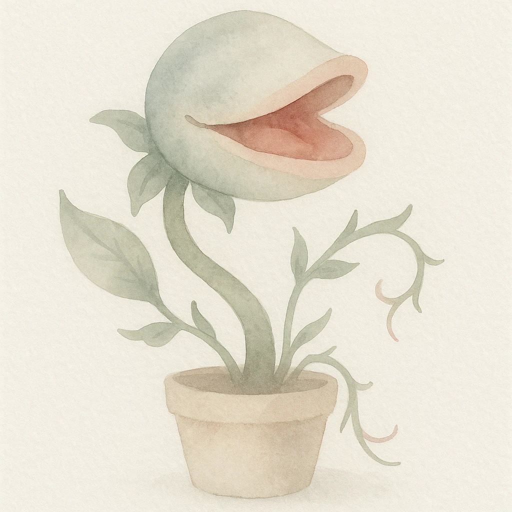 Audrey II, the carnivorous carnivorous plant from Little Shop of Horrors, watercolor illustration style emoji