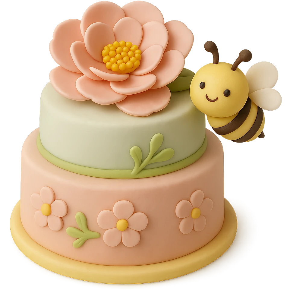 Add a cute bee next to the pink flower in fondant cake art style, keeping the cake-like appearance and colors consistent. emoji