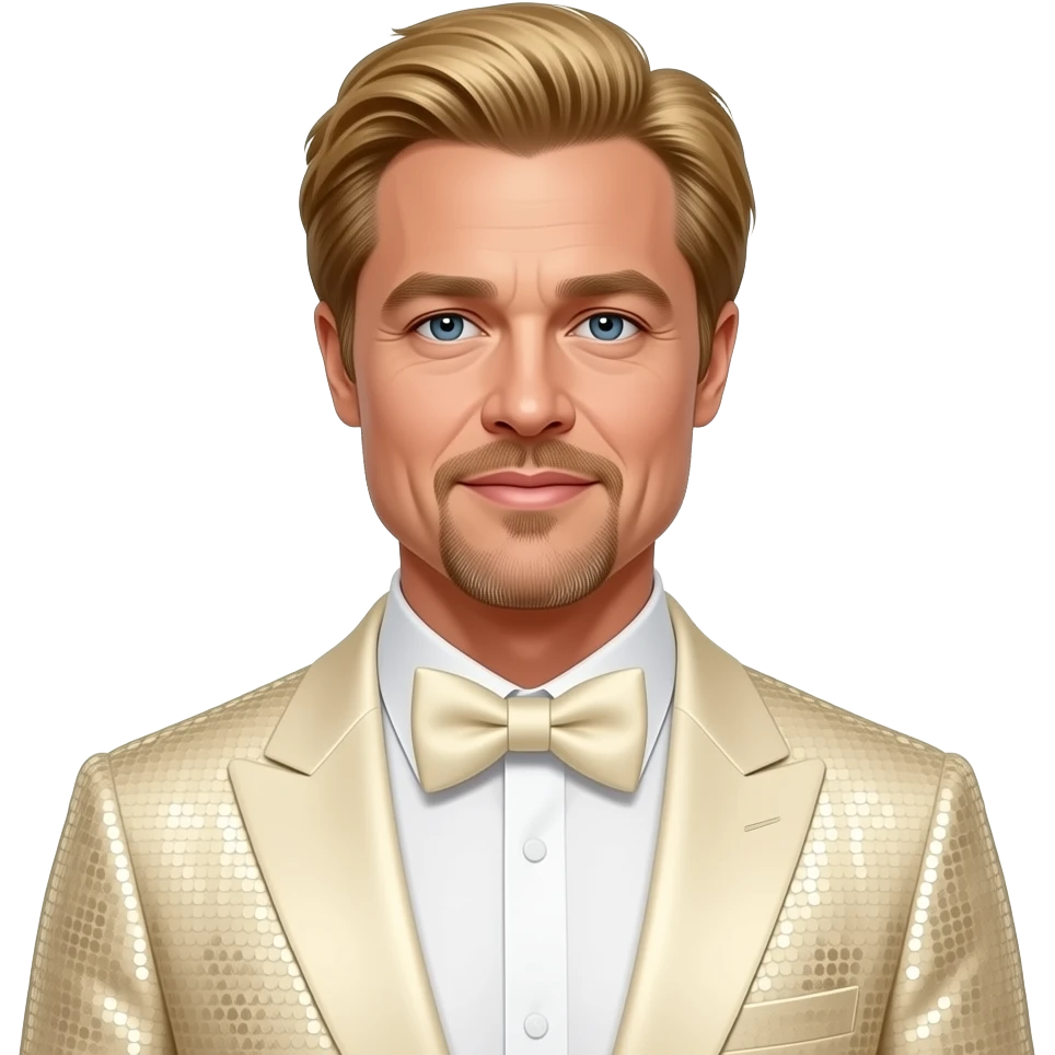 Brad Pitt with golden blonde hair, cream sequin suit with bow tie emoji