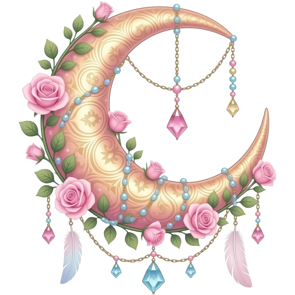 Rosy shiny glossy sparkly romantic pastel crescent damask moon with rose quartz pastel vines pastel gems pastel beads with feathers and chains emoji