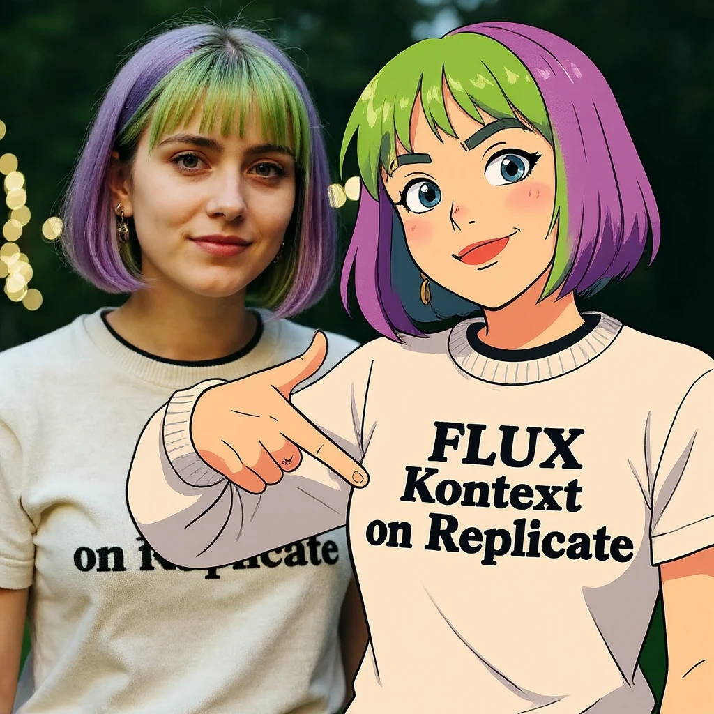 make a image of a girl with a anime version of that girl beside her wearing tshirt with text of FLUX Kontext emoji