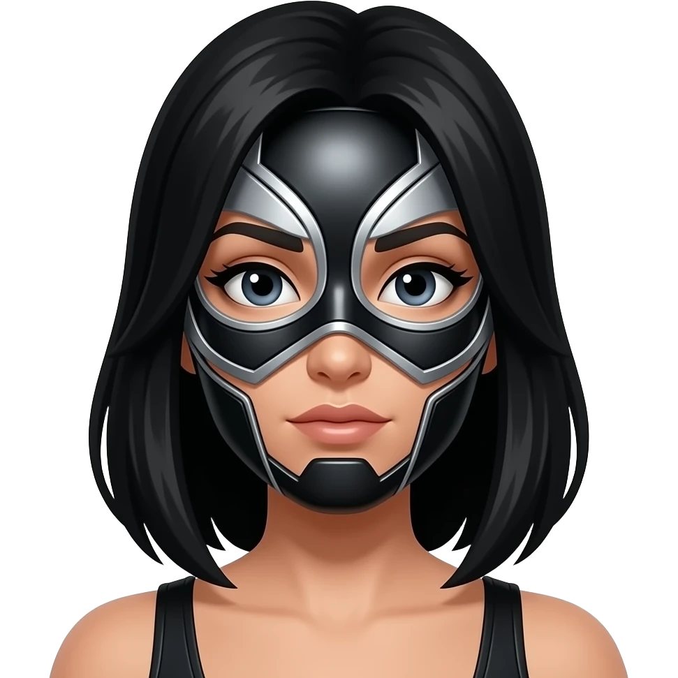 Mascara  de luchador de mujer que se le vea el cabello negro, la mascara negro con plateado con diselo como si fuera un androide un Ciborg que sea simétrico haciendo esta expresión 🤭 emoji