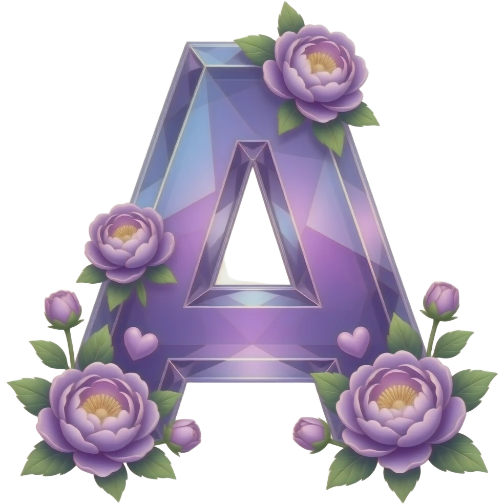 An uppercase letter 'A' sculpted from translucent crystal that glows with a soft violet light. Miniature glowing peonies and tiny heart-shaped leaves grow along its edges. Iridescent texture, fairycore aesthetic, macro photography style emoji
