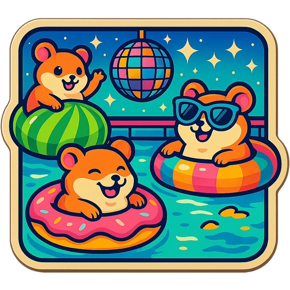 Make the pool party scene a night scene with a dark sky, glowing disco ball, neon pool lights, and sparkling stars. Keep the retro nostalgia style, weed, cheese, and THC theme, and preserve transparency if present. emoji