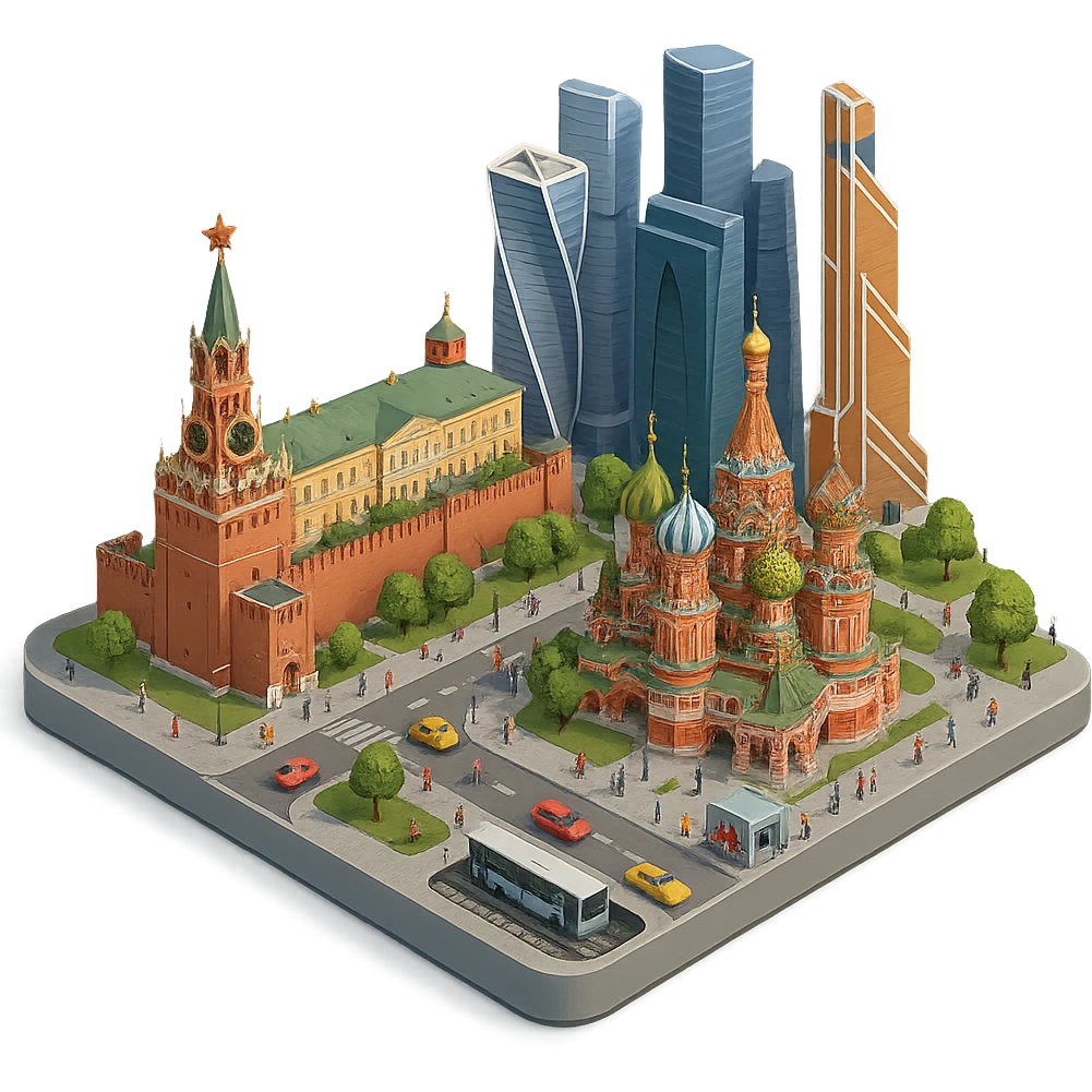 Изометричная миниатюрная 3D модель Москвы на подставке - фотореалистичный Кремль, собор Василия Блаженного, фотореалистичный Башни Москва-Сити, аккуратная детализация, четкие линии, яркие цвета, мультяшный реализм, гуляют люди и современный автотранспорт и метро, компактная композиция, вид сверху в изометрии, прозрачный фон emoji