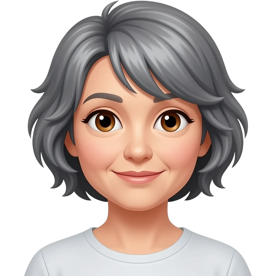 woman 50 years old, short grey and blackfluffy cut hair, white skin and brown eyes emoji