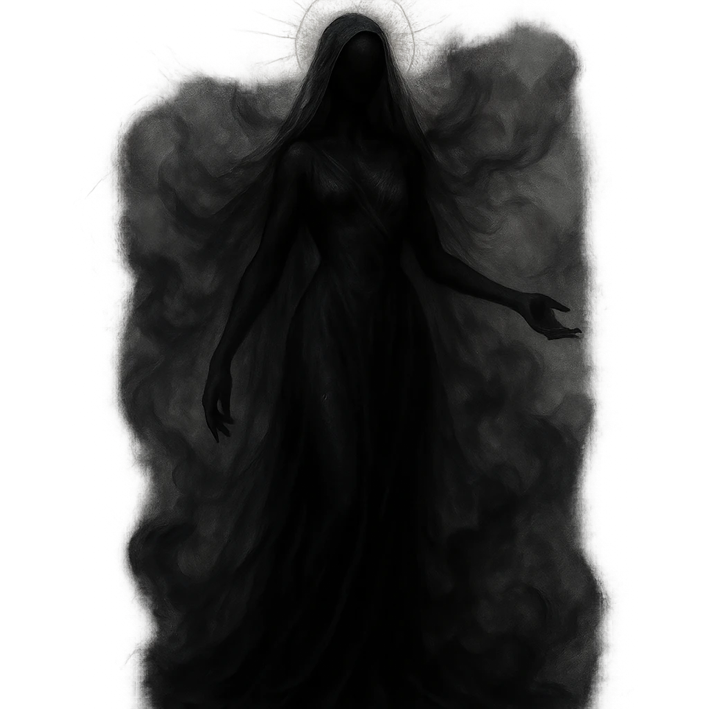 mystical being with no facial features, divine feminine characteristics, black color, ethereal and mystical atmosphere emoji