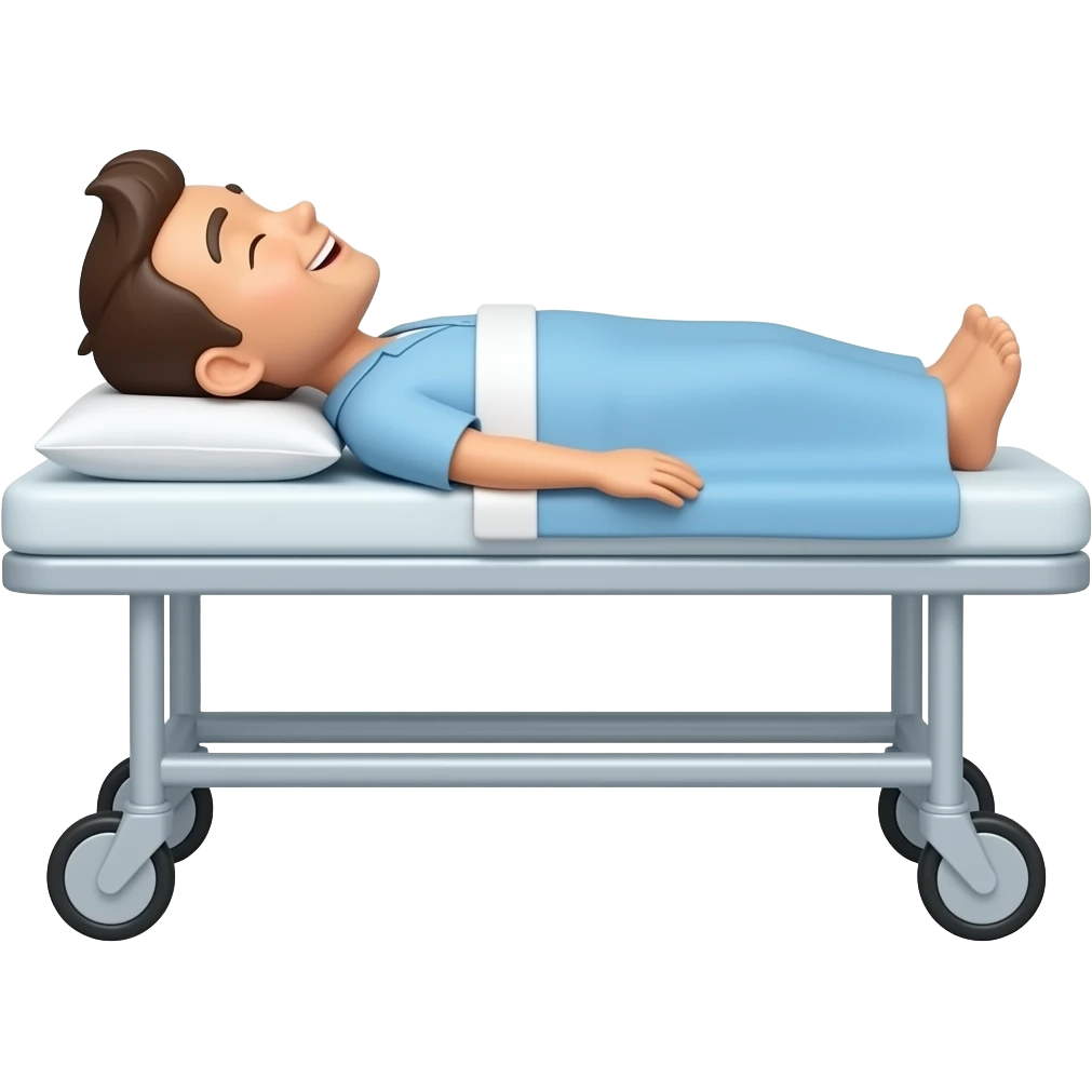 Paciente tumbado en camilla con cara de felicidad emoji