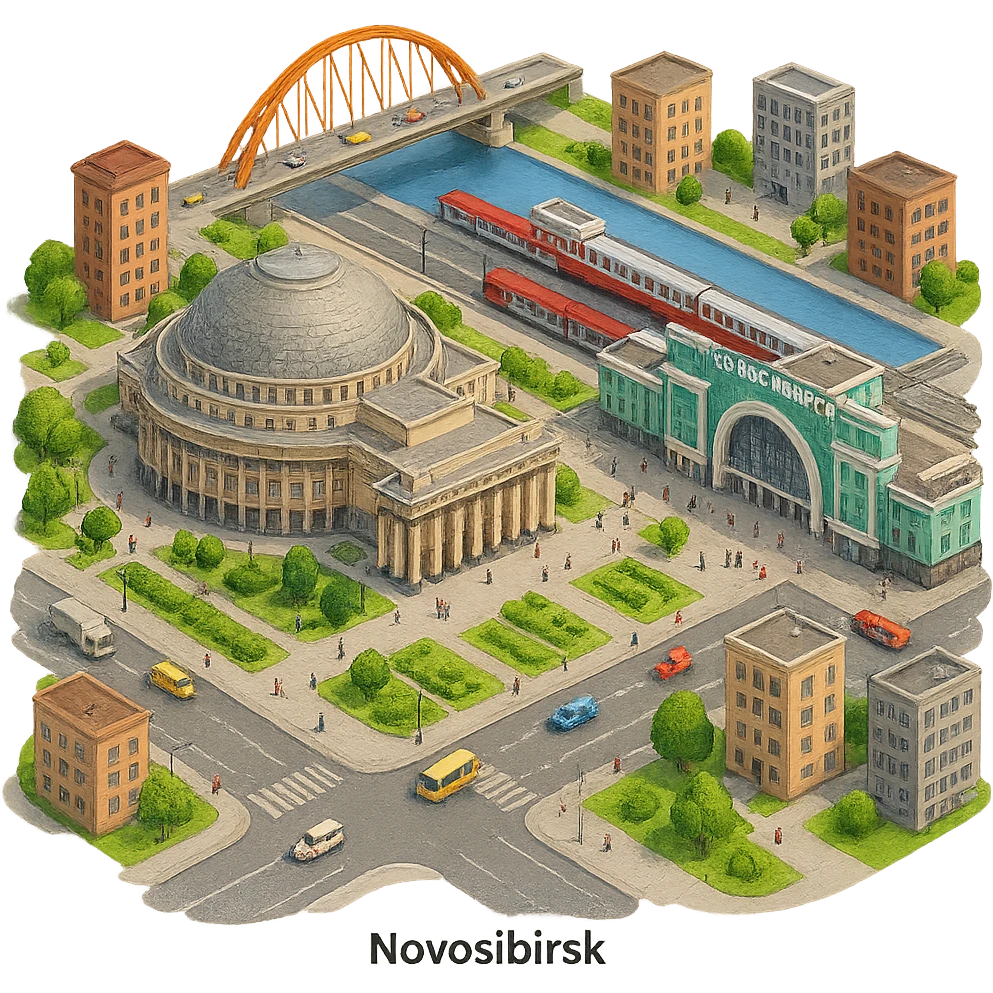Изометричная миниатюрная фотореалистичная 3D модель Новосибирска - Опера, Вокзал, мост через Обь, дома, четкая детализация, яркие цвета, мультяшный реализм, люди, автотранспорт, компактная композиция, вид сверху в изометрии, прозрачный фон emoji