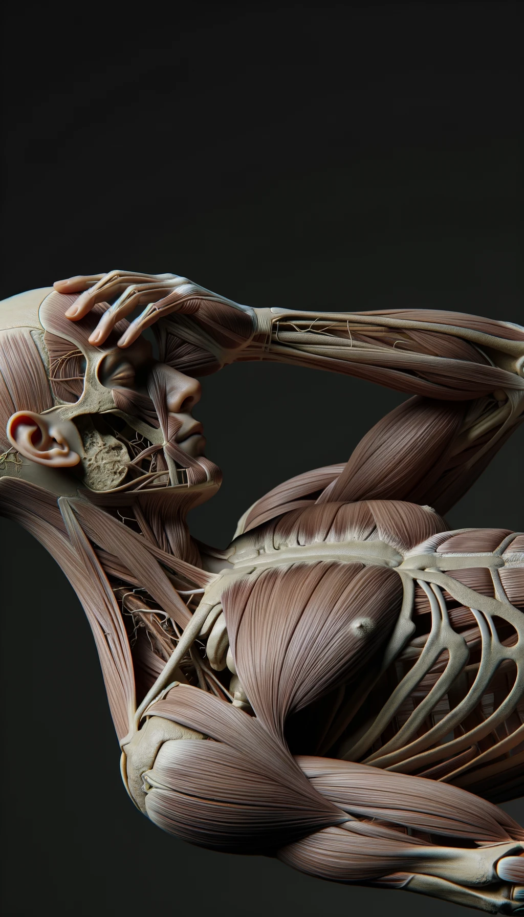 CORPO UMANO ANATOMICO A FIGURA INTERA STANCO CON MANO SULLA FRONTE, IPERREALISTICO 4K emoji