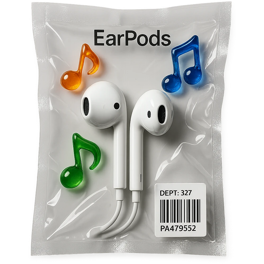 white EarPods headphones surrounded by exactly three small colorful glass music notes, glossy and puffy emoji