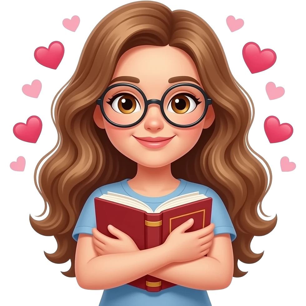 detailed emoji illustration of a curvy woman with long light brown wavy hair, light brown eyes and round glasses hugging a book with hearts around her, in love with the story, cute emoji style emoji
