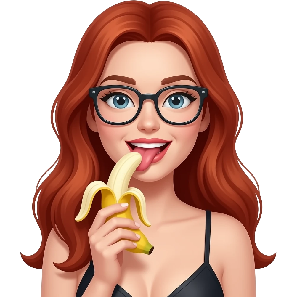 lei capelli rossi lunghi con occhiali, lecca una banana in modo sensuale con la lingua mentre lecca con seni fuori emoji