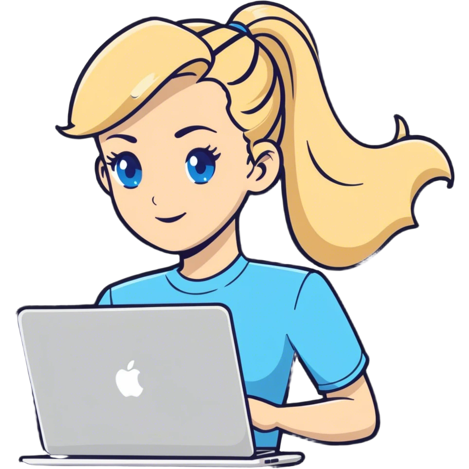 Blonde woman ponytail blue eyes with MacBook emoji