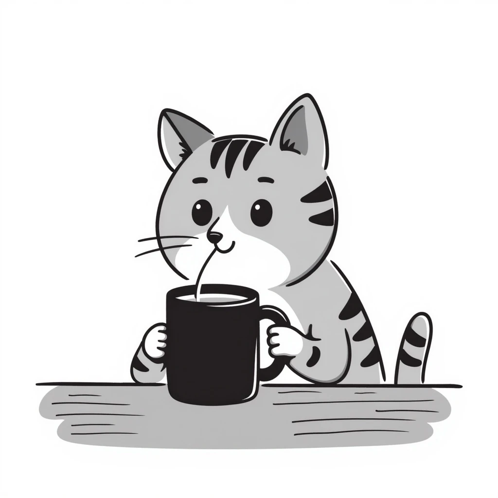 A gray striped cat sitting at a table drinking water from a mug without a visible water stream emoji