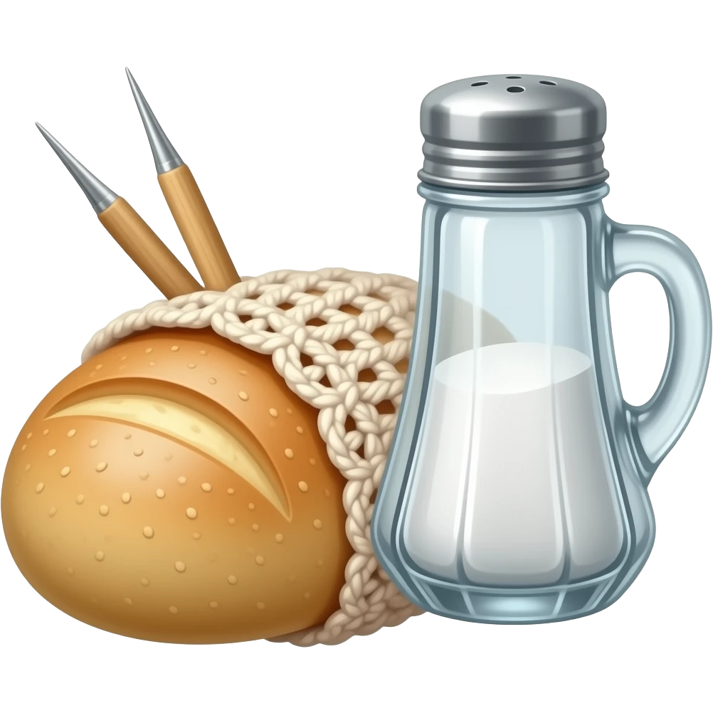 a small cut-out peasant bread wrapped in crocheted fabric with crochet needles sticking out, next to which stands a large glass salt shaker emoji
