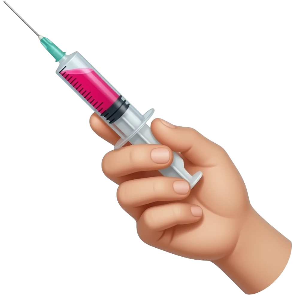 A dainty male hand holding a syringe with glowing neon-red liquid inside emoji