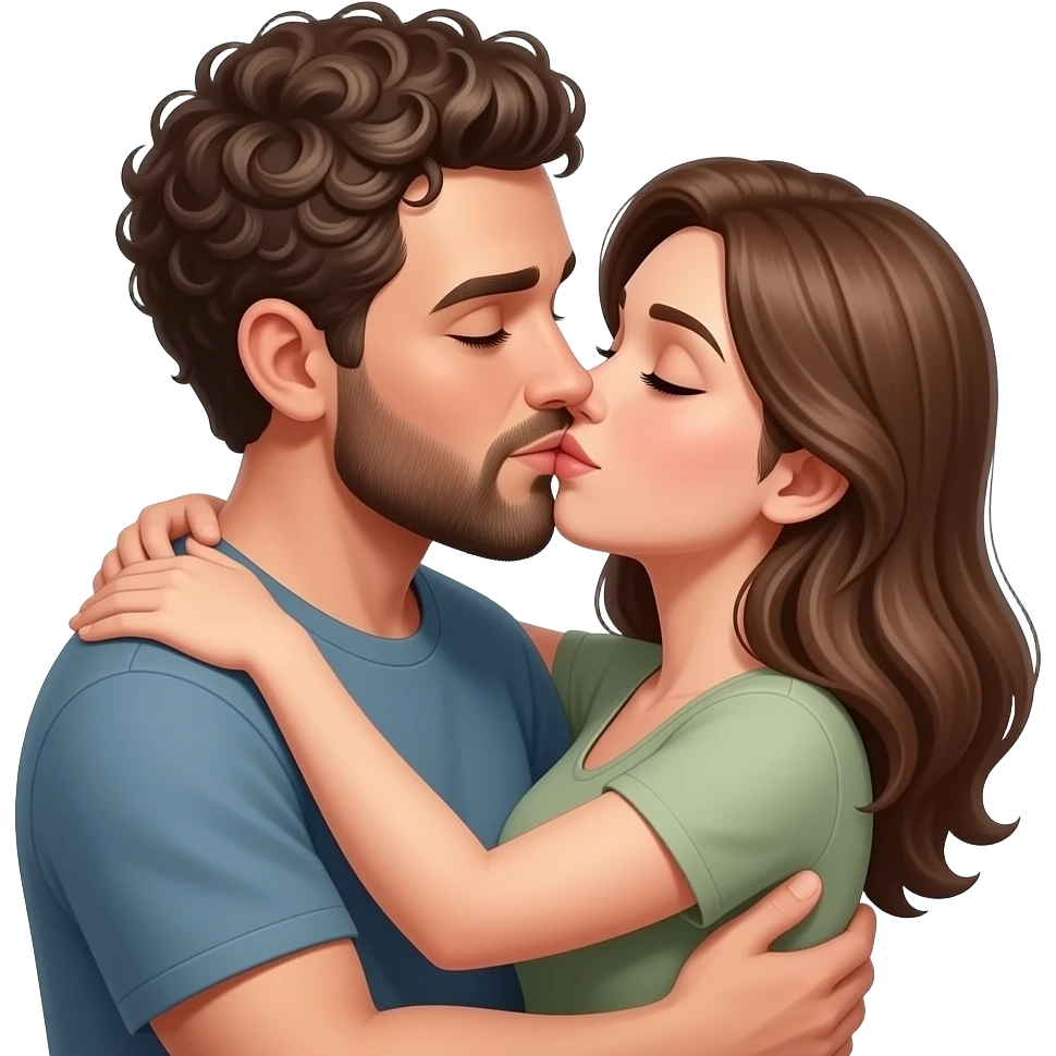 Realistic white man super short curly brown hair with beard kissing passionately and hugging realistic white girl brown hair HD emoji