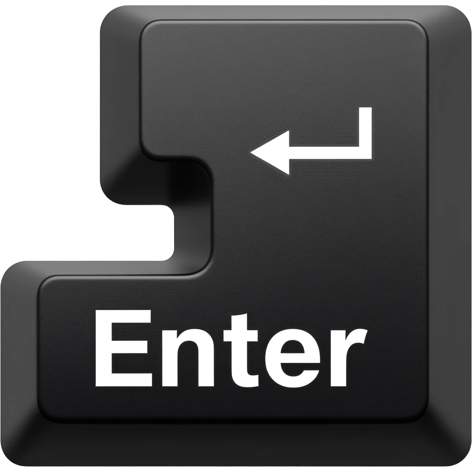 Glossy black L-shaped Enter keycap with a delicious candy-jelly texture. White "Enter" text and return arrow. 3D emoji style, white background. emoji