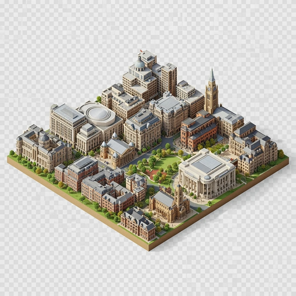 Isometric illustration-model of panorama view Birmingham with photorealistic main buildings, balanced between stylized and realistic, 3D miniature effect, transparent background. emoji