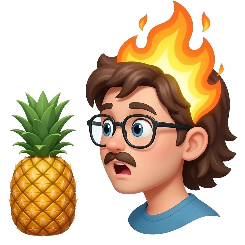 A boy with  LONG hair and a mustache and glasses  really shocked at a pineapple make the boys head go on fire, make the pineapple glow and make it side view(only the head of the boy) emoji