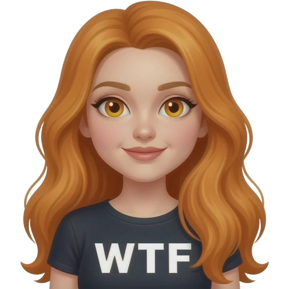 sexy girl with overlong ginger hair and ginger eyes a top with WTF written on it emoji