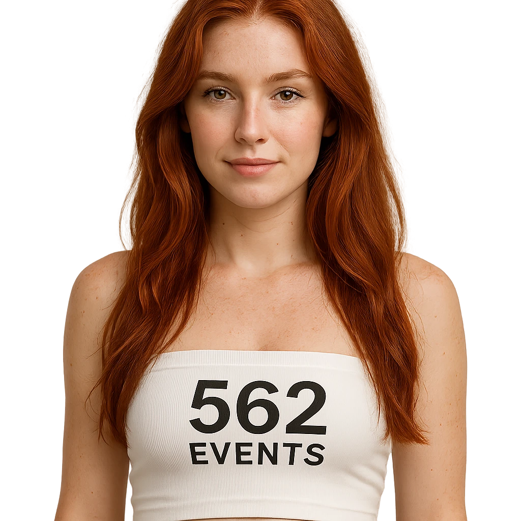 realistic woman with long red hair, wearing a white tube top labeled '562 Events' emoji