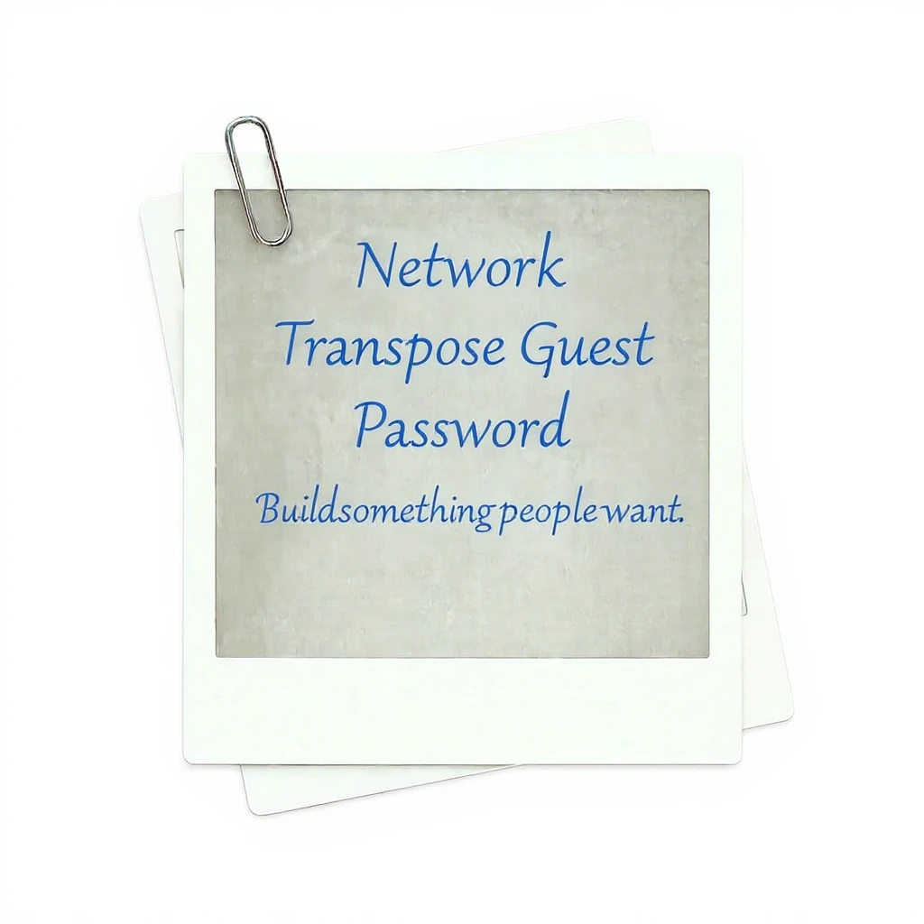 Add the text 'Network' in blue cursive above 'Transpose Guest', which is above 'Password', which is above 'Buildsomethingpeoplewant', all centered inside the polaroid frame. All text should be in blue cursive. Do not add any other images or decorations. Keep the background and frame unchanged. emoji