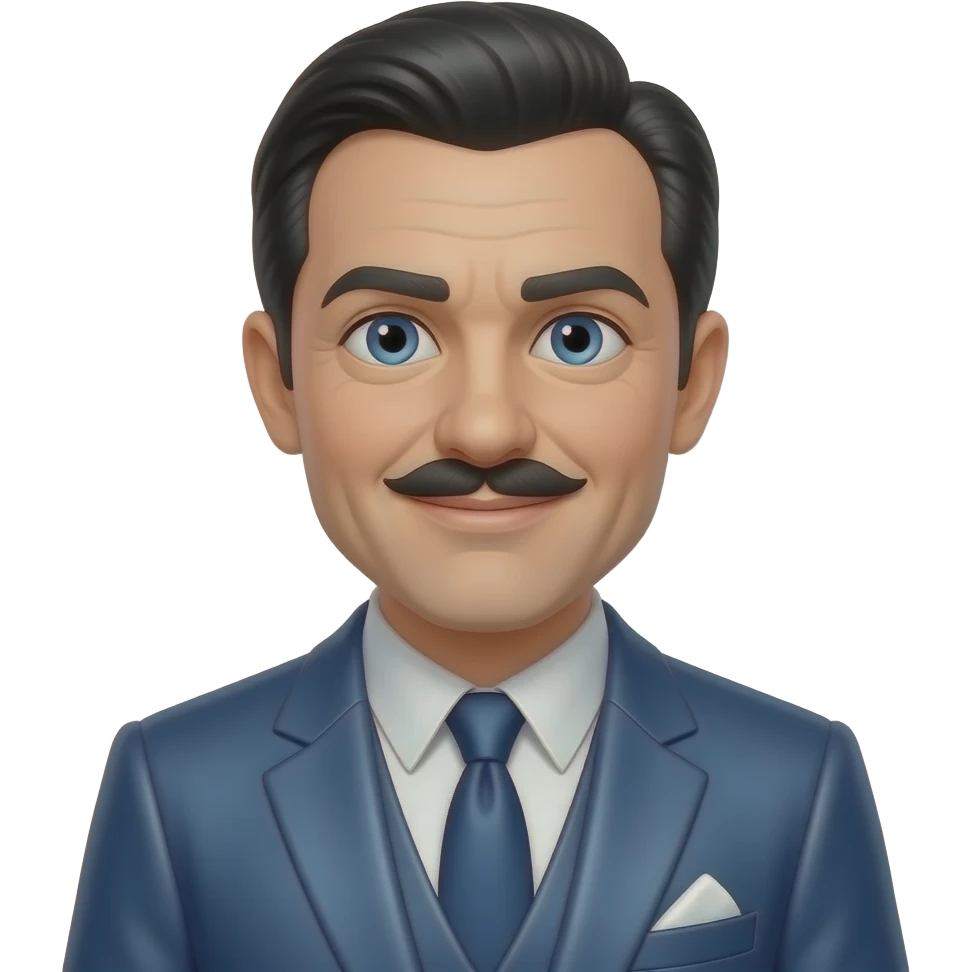 Walt Disney with blue eyes, black hair and thin mustache, blue grey metallic suit emoji