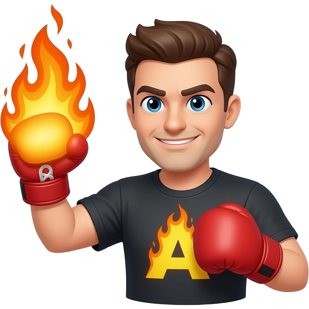 Traditional PAC man with no eyes with flames arm punching with a boxing the letter A in flames emoji