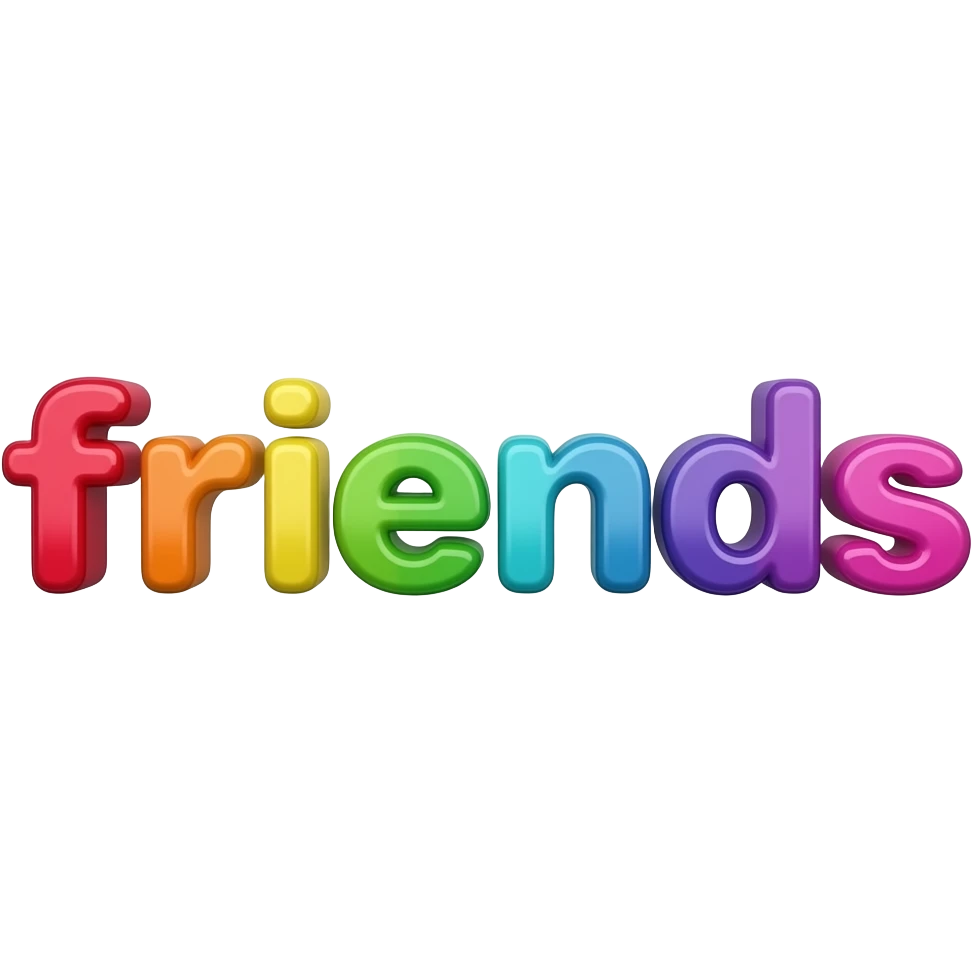 name "friends" in raspberry pink, 3D style typography lettering, each color of the rainbow as a border outlined around each letter, isolated, 3d rendering, no emoji icons no emoji faces and must have no human figures emoji