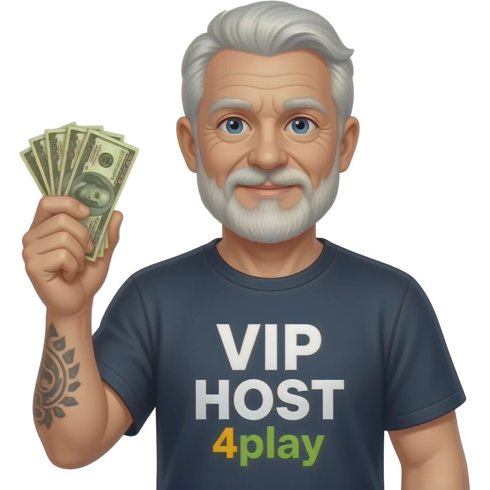older man with tattoo on arm shirt says VIP HOST 4play holding money emoji
