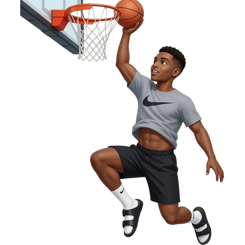 make a black skinned 20 year old with a low taper fade wearing a grey nike t shirt with black lululemon shorts and low white nike socks with birken stocks snd he is going up to dunk and you can see his abs emoji
