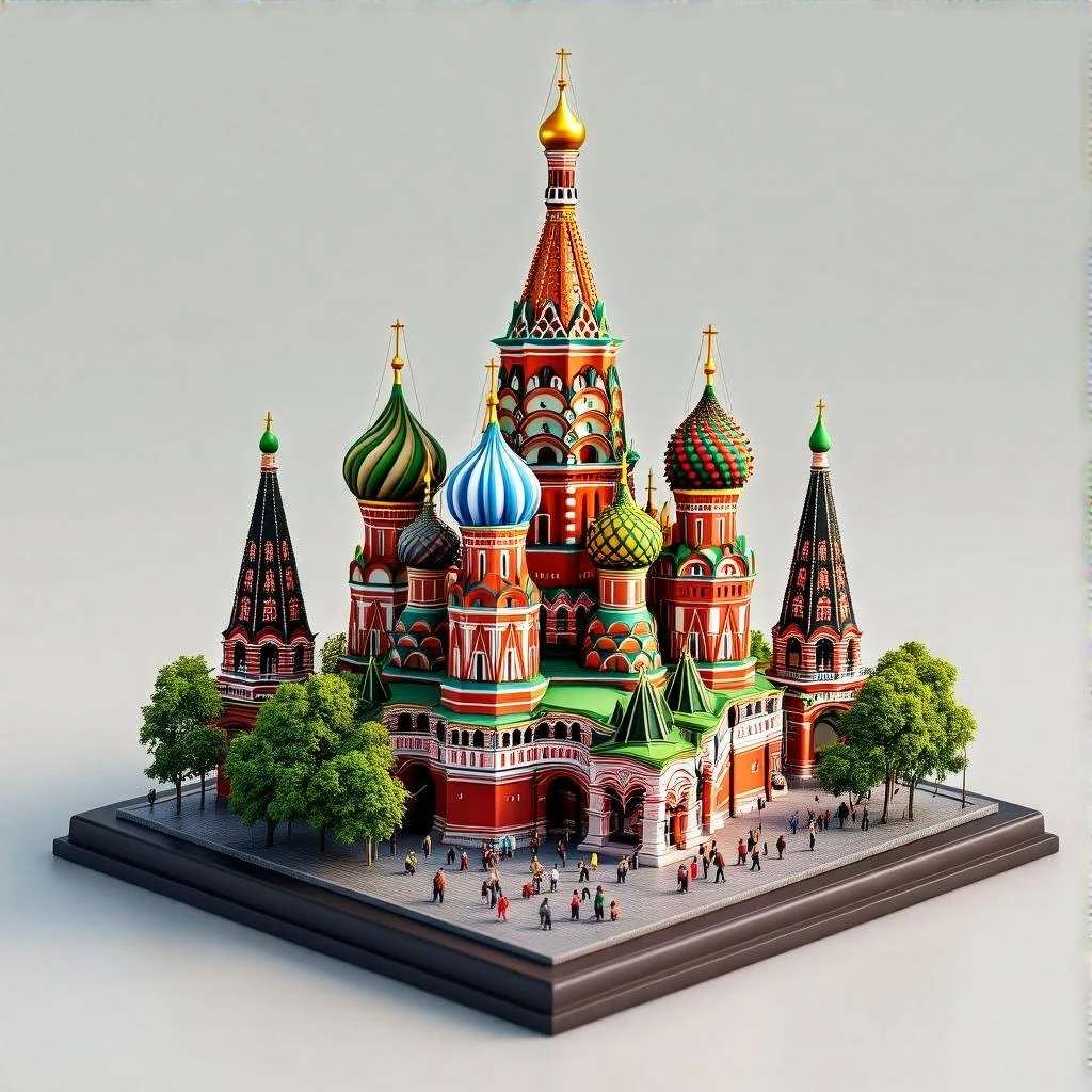 Изометричная миниатюрная 3D модель Москвы на подставке - фотореалистичный Кремль, собор Василия Блаженного, фотореалистичный Башни Москва-Сити, аккуратная детализация, яркие цвета, мультяшный реализм, гуляют люди и современный автотранспорт и метро, компактная композиция, вид сверху в изометрии emoji