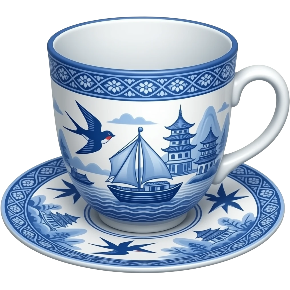 chinoiserie blue willow china pattern teacup and saucer with a boat, pagodas and two swallows emoji