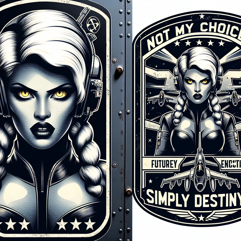 a retro military pinup fuselage decoration for the motto " not my choice, simply my destiny "
the female figure, white hair 1 braid, gold yellow eyes, spacer, fierce, exo-rogue, menacing emoji