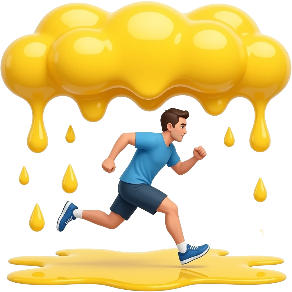 a guy runs for his life as yellow thick rain come down from the sky it might be egg yolks emoji