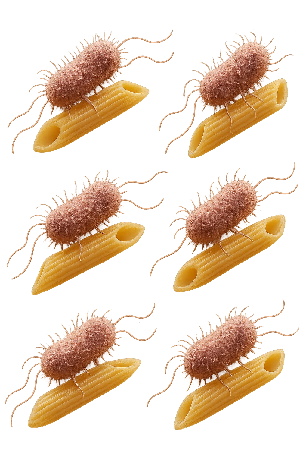 SEI BATTERI intestinALI FLUTTUANO IN ARIA CON PENNE DI PASTA RIGATE, IPERREALISTICO 4K emoji